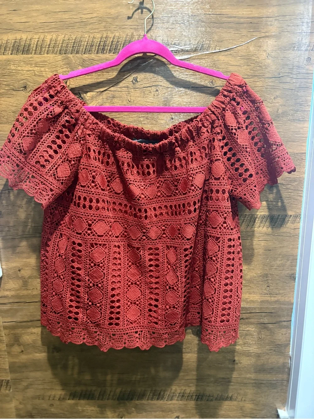 Sunday in Brooklyn Anthro Evie Off Shoulder Crochet Lace Dark Rust Top - Picture 4 of 10